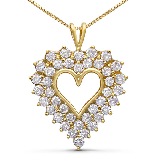 Front-facing view of a yellow metal heart-shaped pendant necklace with round white gemstones set in prong and channel settings creating a double heart outline.