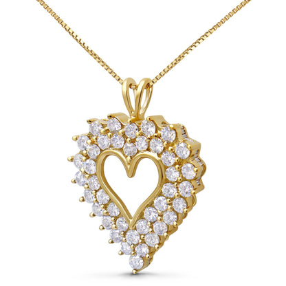 Close-up front angle of a yellow necklace with a heart-shaped pendant featuring two rows of round white gemstones; the inner row is prong-set and the outer row is channel-set.