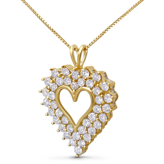 Close-up front angle of a yellow necklace with a heart-shaped pendant featuring two rows of round white gemstones; the inner row is prong-set and the outer row is channel-set.