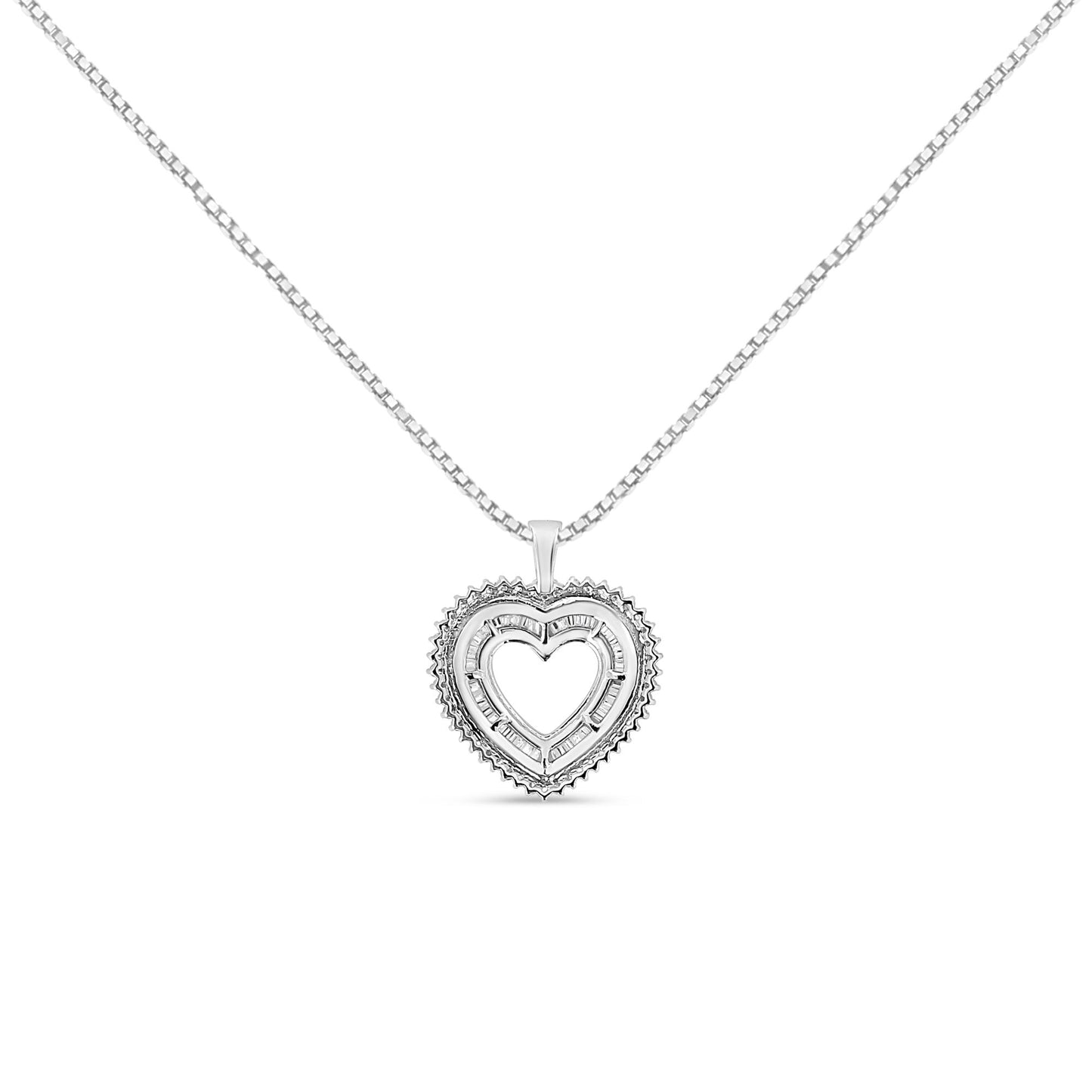Front-facing shot of a white metal heart-shaped necklace pendant with multiple rows of white round and baguette-shaped gemstones in prong settings, hanging from a white metal chain.