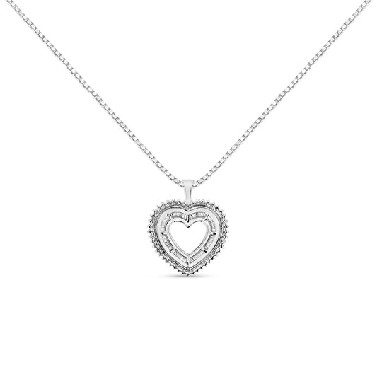 Front-facing shot of a white metal heart-shaped necklace pendant with multiple rows of white round and baguette-shaped gemstones in prong settings, hanging from a white metal chain.