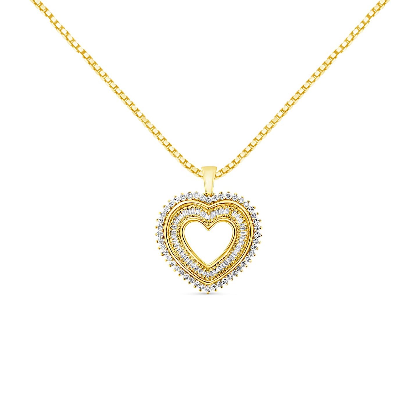 Front-facing shot of a yellow metal heart-shaped necklace pendant with two rows of white round prong-set gemstones on the outer edge and one row of white baguette channel-set gemstones inside the heart outline.