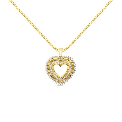 Front-facing shot of a yellow metal heart-shaped necklace pendant with two rows of white round prong-set gemstones on the outer edge and one row of white baguette channel-set gemstones inside the heart outline.