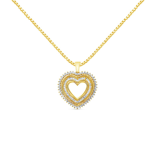 Front-facing shot of a yellow metal heart-shaped necklace pendant with two rows of white round prong-set gemstones on the outer edge and one row of white baguette channel-set gemstones inside the heart outline.