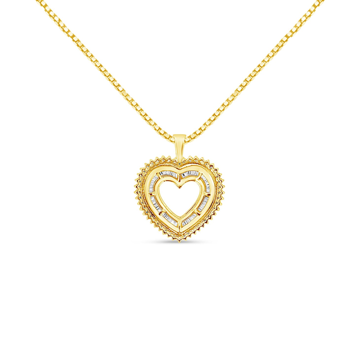 Front-facing shot of a yellow metal heart-shaped necklace with a chain, featuring white baguette-shaped gemstones in a channel setting and white round-shaped gemstones in a prong setting.