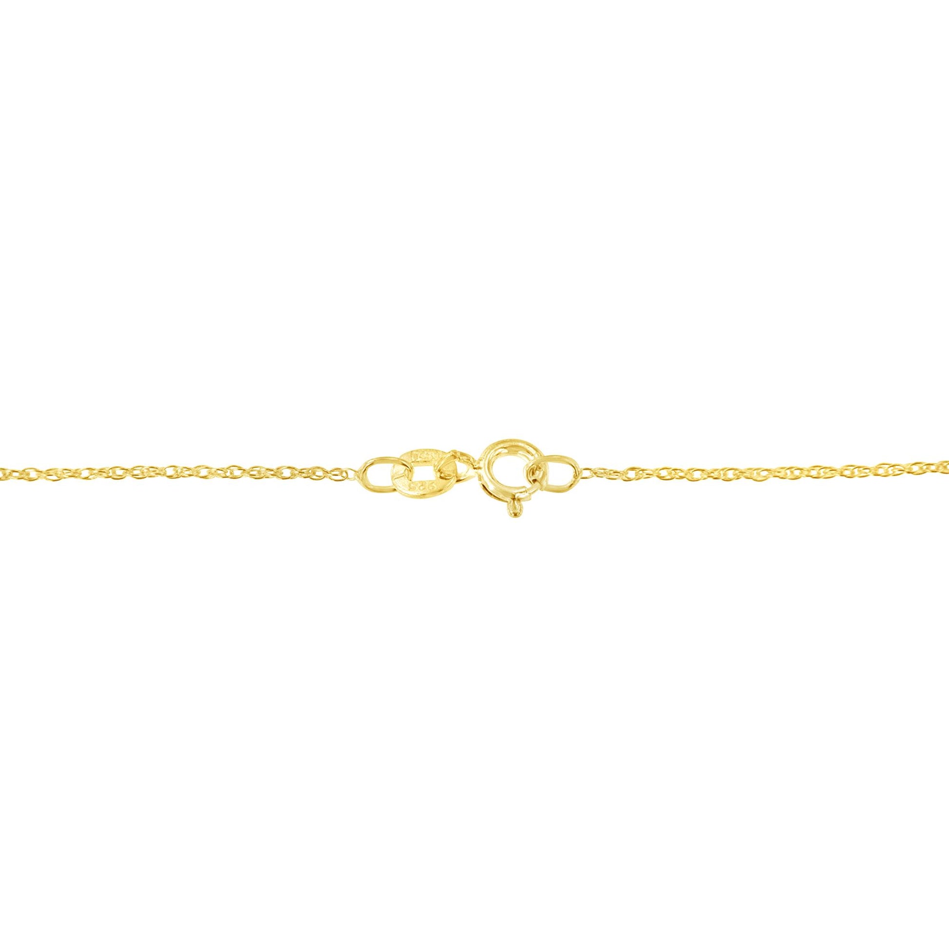 Close-up side view of a yellow metal necklace chain with a spring ring clasp.