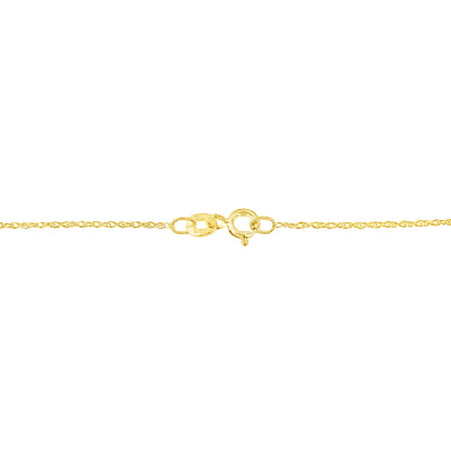Close-up side view of a yellow metal necklace chain with a spring ring clasp.