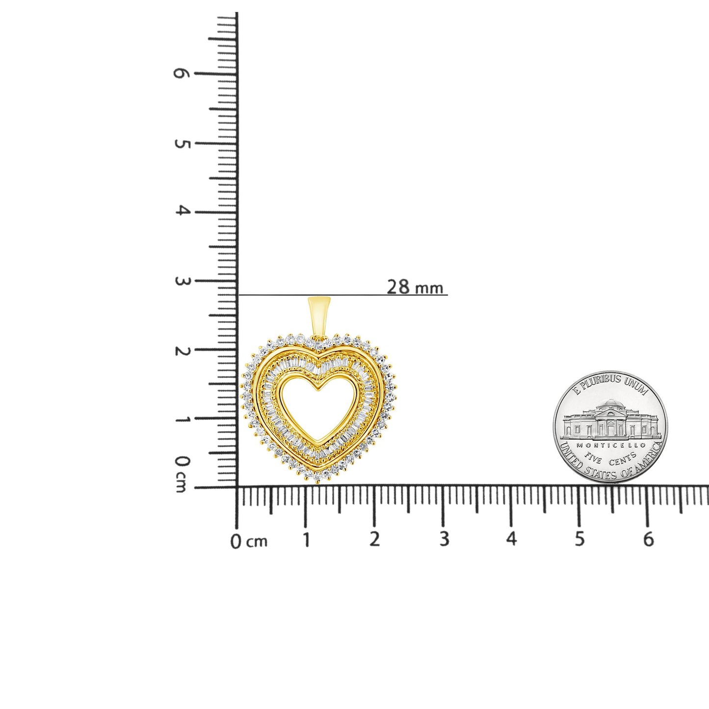Front view of yellow heart-shaped necklace pendant with channel set baguette and prong set round white gemstones, placed on ruler and next to coin for size reference.
