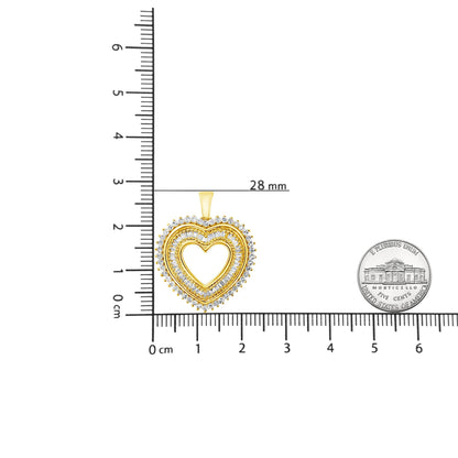 Front view of yellow heart-shaped necklace pendant with channel set baguette and prong set round white gemstones, placed on ruler and next to coin for size reference.