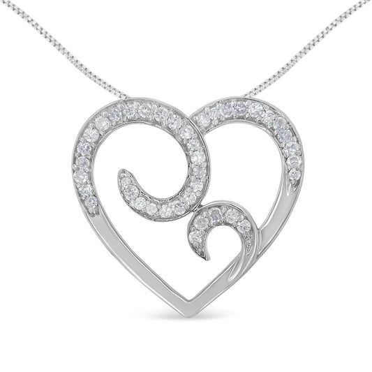Front view of a white metal heart-shaped necklace pendant with swirl designs adorned with round white gemstones in a pave setting.