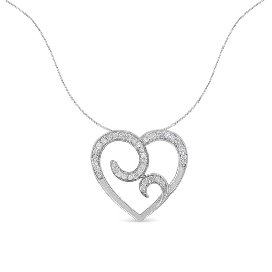 Front view of white metal heart-shaped necklace pendant with swirled design adorned with round white gemstones in pave setting, displayed against white background.