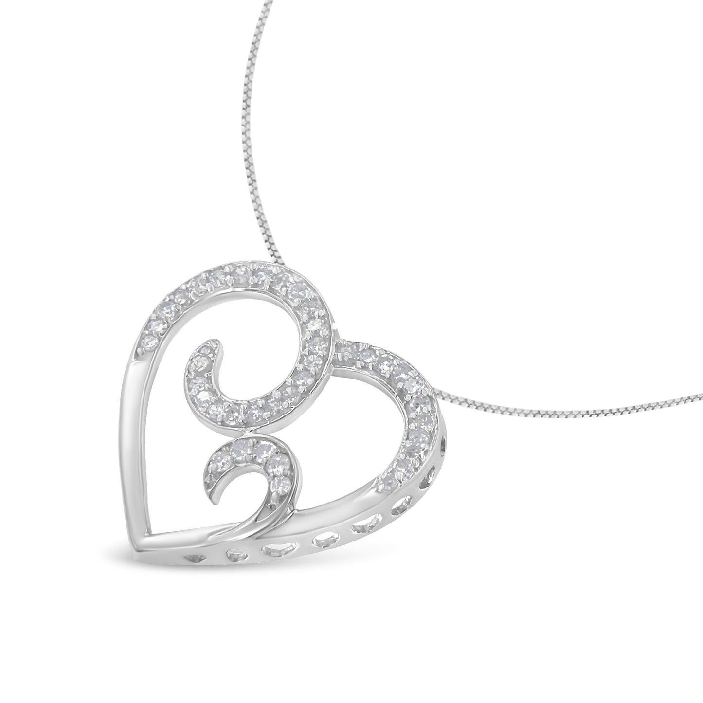 Close-up front angle of a white heart-shaped necklace pendant with swirling design accented with round white gemstones in pave setting.