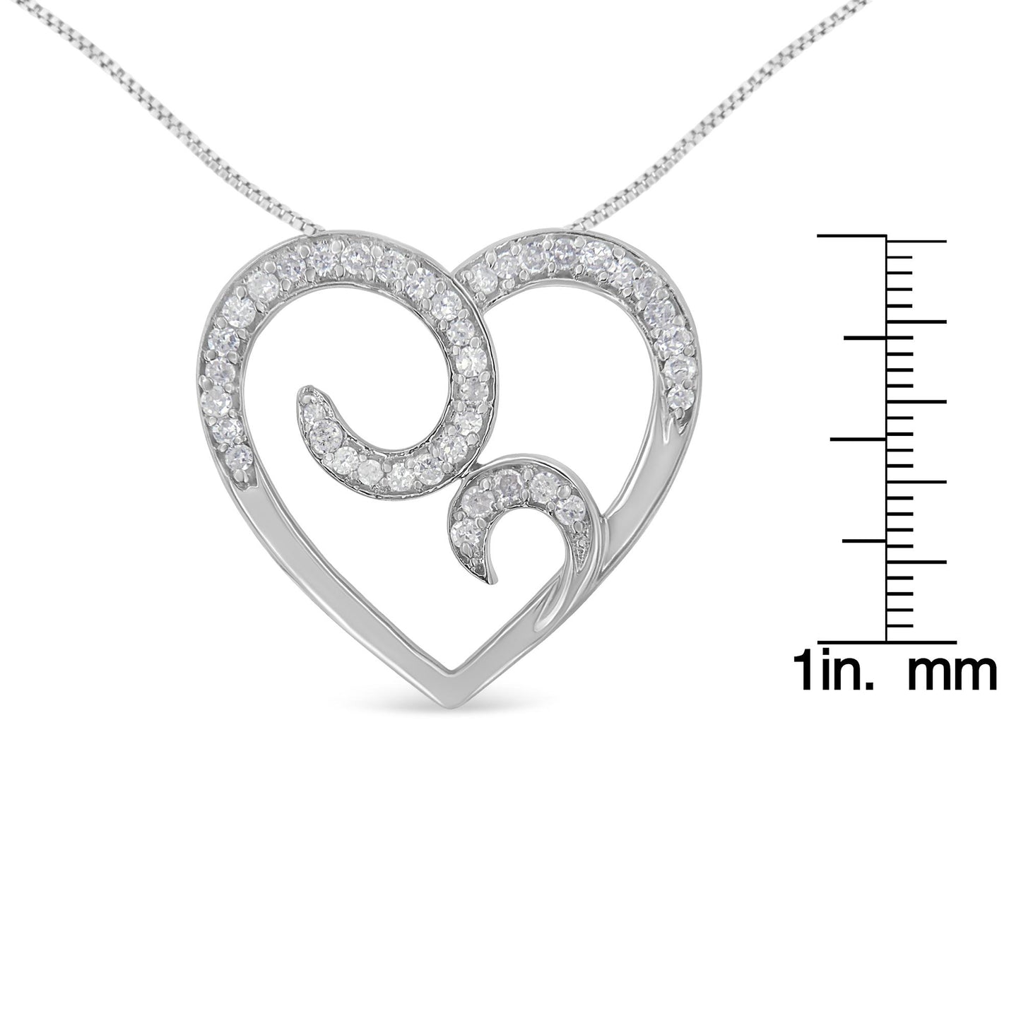 Front view of a white heart-shaped necklace pendant with swirled design featuring round white gemstones in pave setting, shown on a scale for size reference.