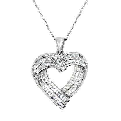 White metal heart-shaped necklace pendant with channel-set baguette-shaped white gemstones, shown from a front angle.