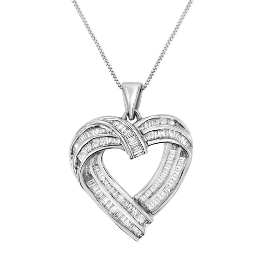 White metal heart-shaped necklace pendant with channel-set baguette-shaped white gemstones, shown from a front angle.