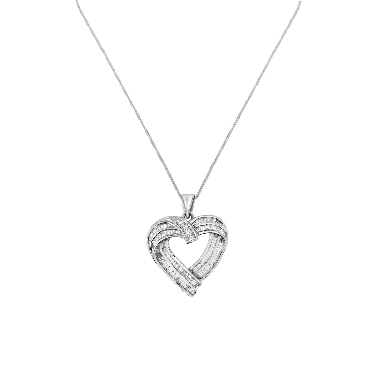 Front-facing image of a white heart-shaped necklace pendant with an intertwined design featuring multiple rows of channel-set baguette white gemstones on a white chain.