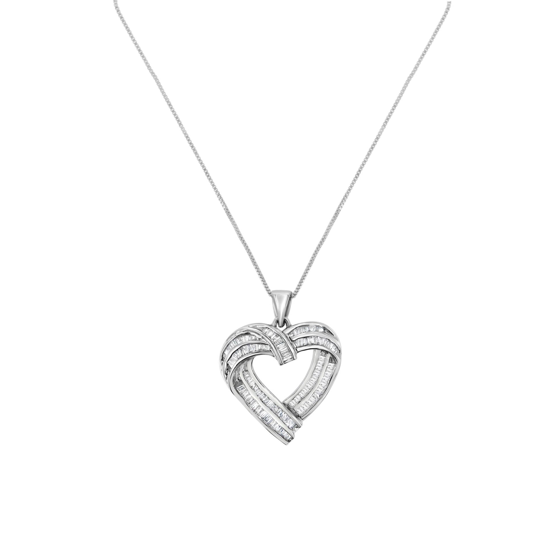 Front-facing image of a white heart-shaped necklace pendant with an intertwined design featuring multiple rows of channel-set baguette white gemstones on a white chain.