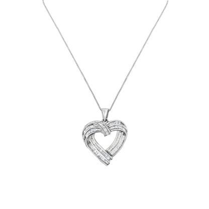 Front-facing image of a white heart-shaped necklace pendant with an intertwined design featuring multiple rows of channel-set baguette white gemstones on a white chain.