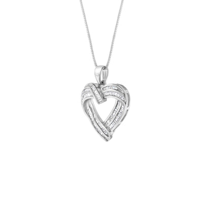 Front-facing view of a white metal heart-shaped necklace pendant with intertwining bands set with baguette-shaped white gemstones in a channel setting, hanging from a chain.