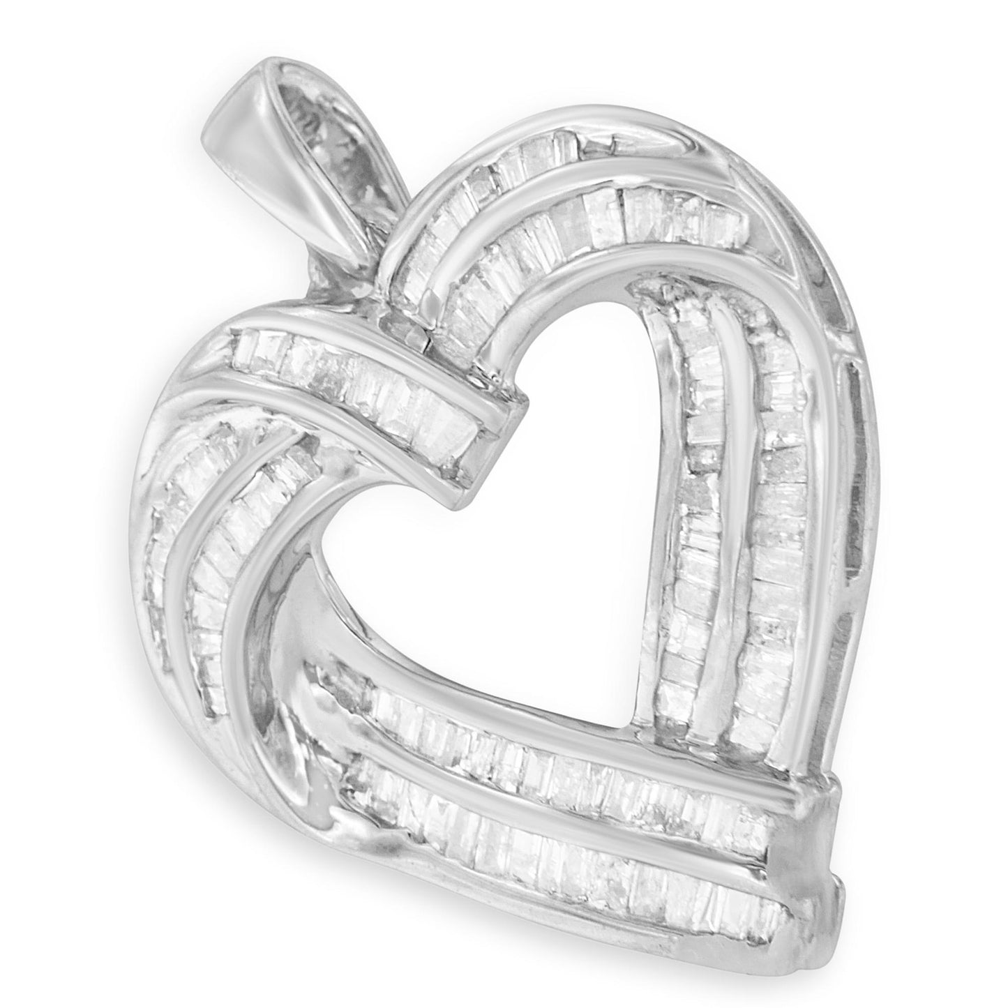 Close-up front angle of a white metal heart-shaped necklace pendant with multiple rows of channel-set white baguette-shaped gemstones.
