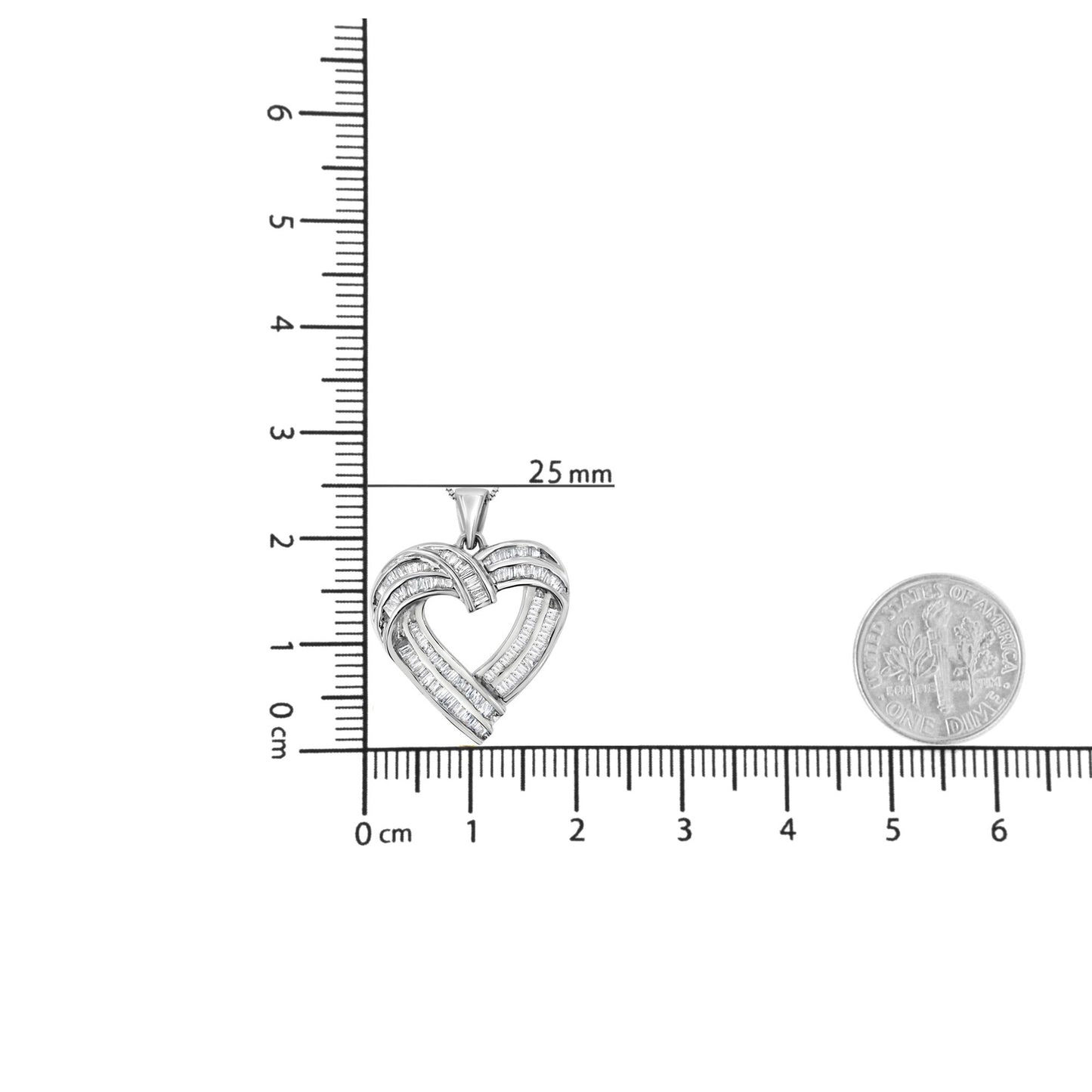 Close-up front view of a white metal heart-shaped necklace pendant with channel set baguette-shaped white gemstones, displayed on a ruler and a coin for size reference.