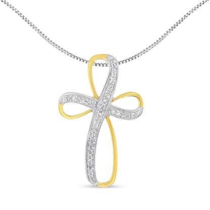 Front view of a two-tone cross-shaped necklace pendant featuring white round gemstones in pave setting on part of the design, suspended from a white chain.