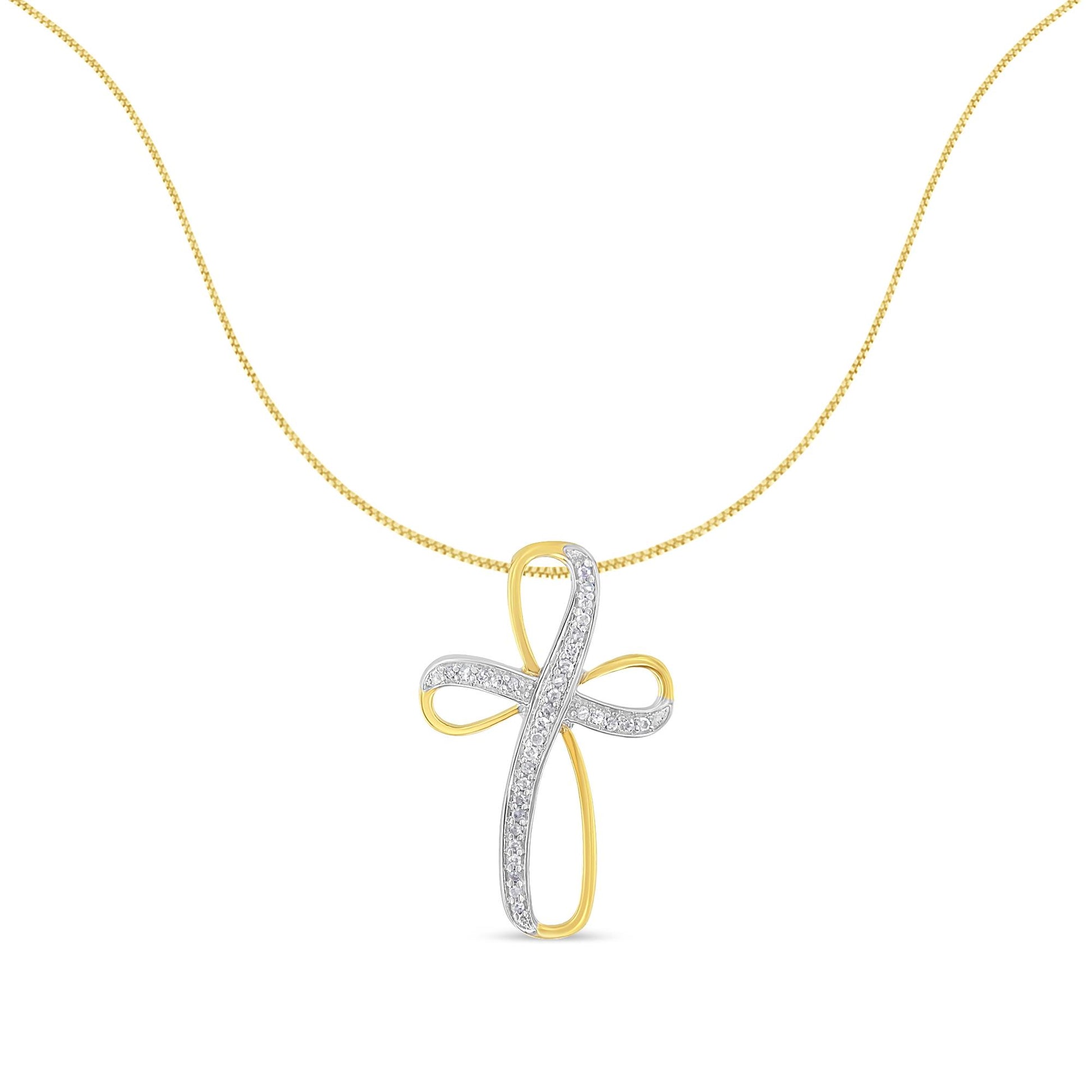 Front view of a yellow and white necklace with a cross-shaped pendant adorned with round white gemstones in pave setting.