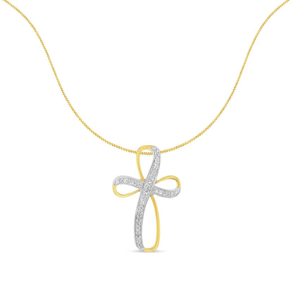 Front view of a yellow and white necklace with a cross-shaped pendant adorned with round white gemstones in pave setting.