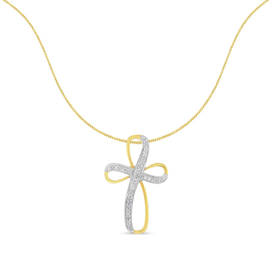 Front view of a yellow and white necklace with a cross-shaped pendant adorned with round white gemstones in pave setting.