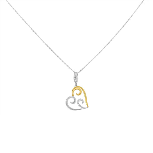 Front-facing shot of a necklace with a heart-shaped pendant featuring intertwined yellow and white metal swirls on a delicate white metal chain.