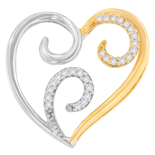 Close-up front view of a two-toned heart-shaped necklace pendant with white round gemstones in prong settings along the curves.
