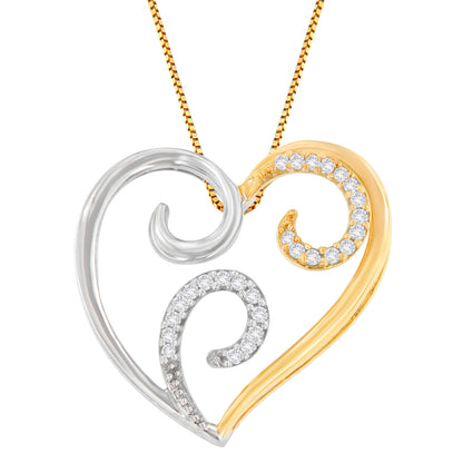 Front-facing close-up of a two-toned heart-shaped necklace pendant with open swirl design, featuring prong-set round white gemstones on gold and silver sections.