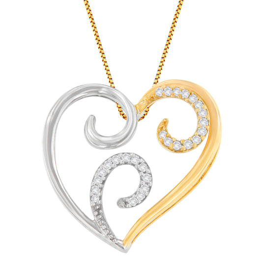 Front-facing close-up of a two-toned heart-shaped necklace pendant with open swirl design, featuring prong-set round white gemstones on gold and silver sections.
