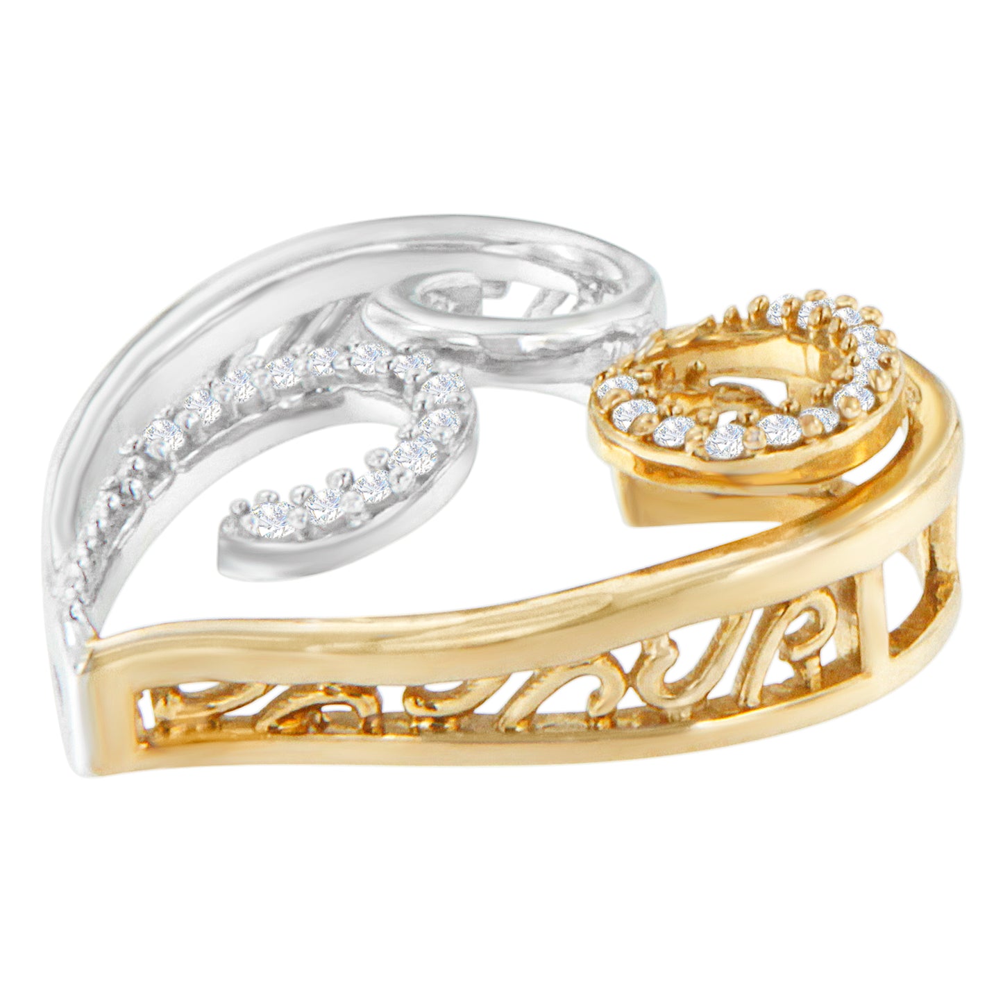 Two-toned heart-shaped necklace pendant with white round gemstones in prong settings, shown in a close-up angled view.