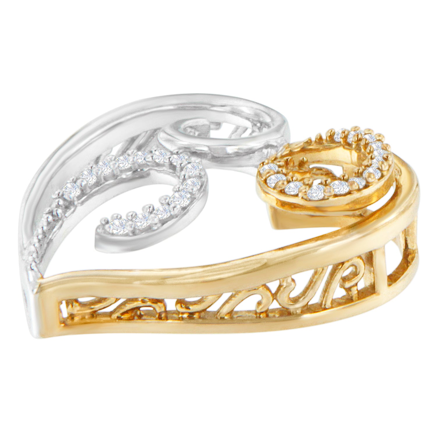 Two-toned heart-shaped necklace pendant with white round gemstones in prong settings, shown in a close-up angled view.