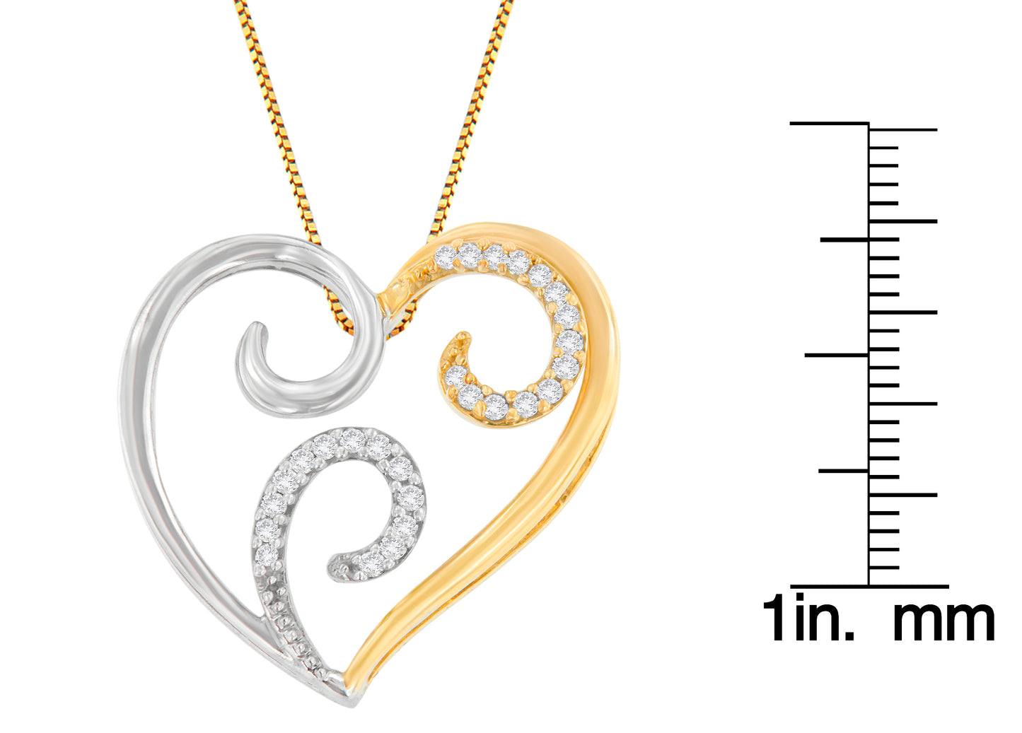 Two-toned heart-shaped necklace pendant with swirling design adorned with white round gemstones in prong settings, shown from front angle with size ruler on the right.