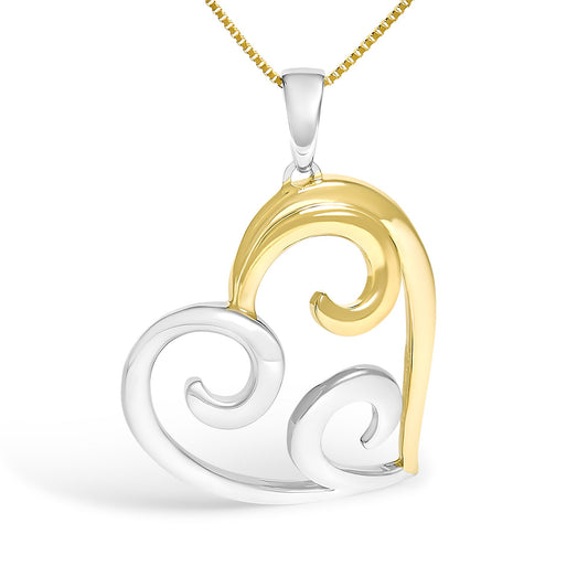 Two-toned metal heart-shaped pendant necklace with swirl design, front-facing angle.