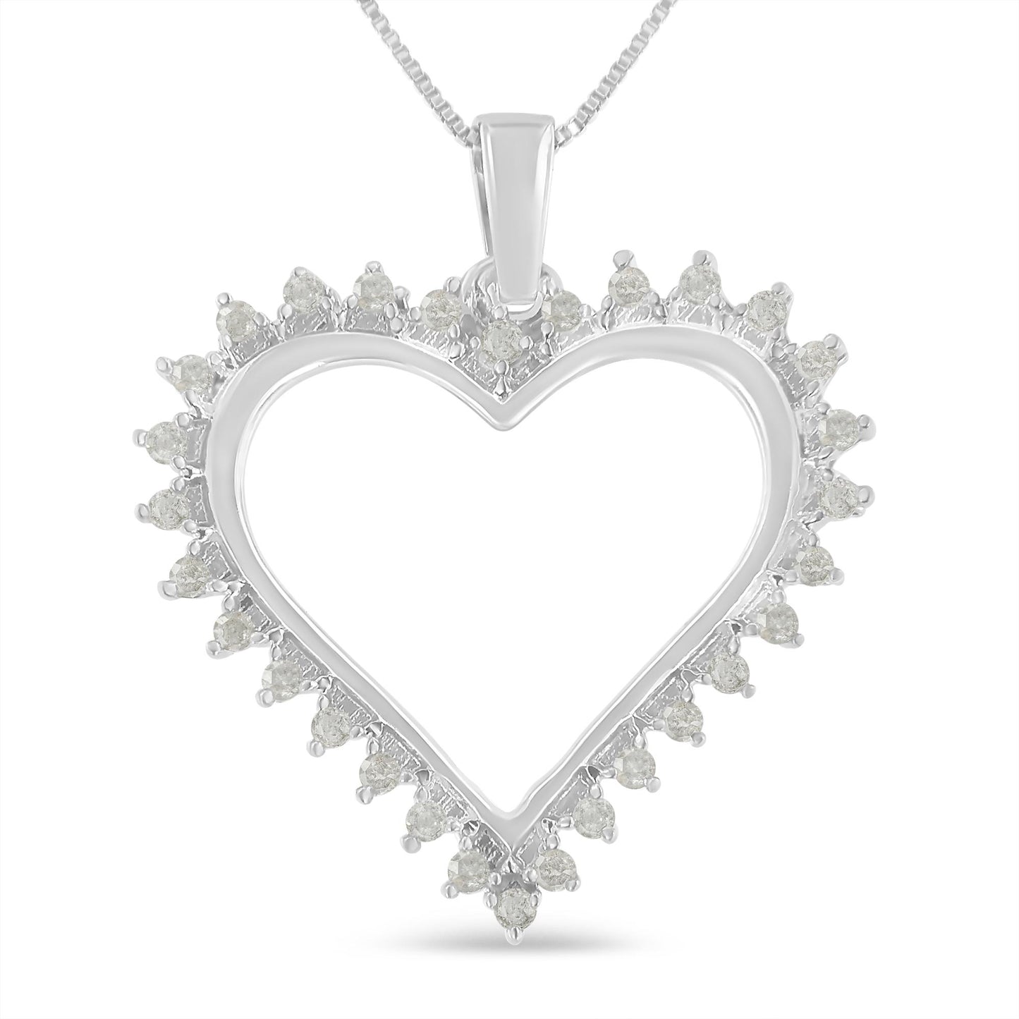 Front view of a white metal heart-shaped necklace pendant with round prong-set white gemstones along the edges.