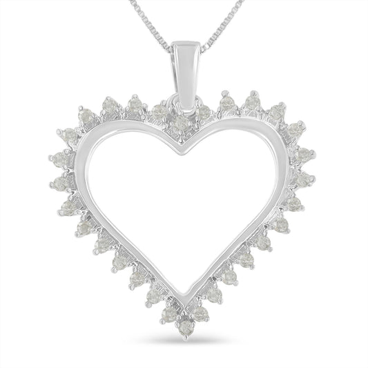 Front view of a white metal heart-shaped necklace pendant with round prong-set white gemstones along the edges.