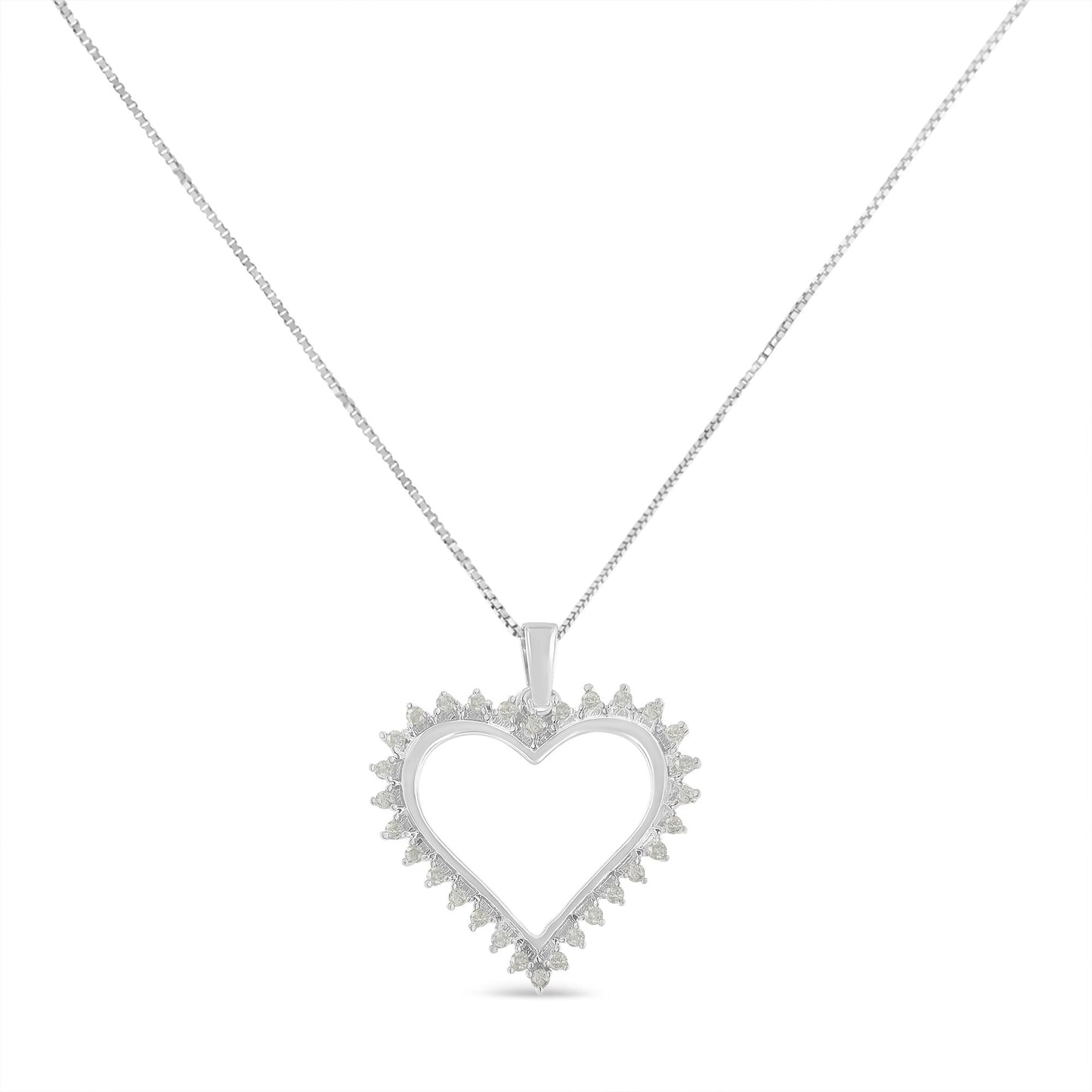 White metal heart-shaped necklace pendant with round prong-set white gemstones around the edge, front-facing angle.