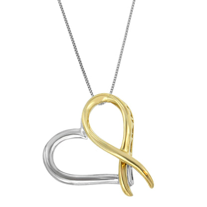 Front angle of a two-toned necklace pendant featuring an open heart design with one side silver and the other side gold, hanging on a silver chain.