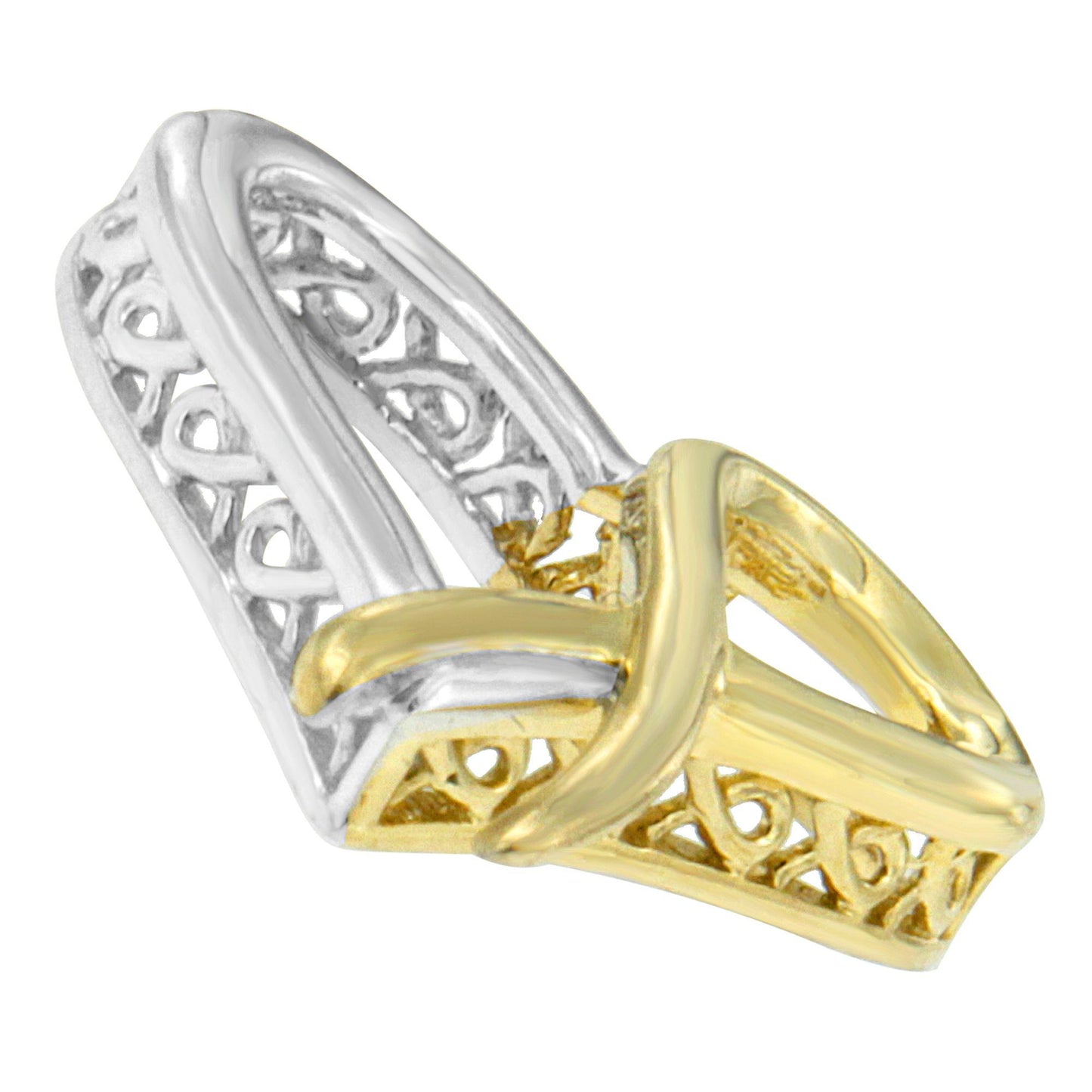 Close-up angled view of a two-toned necklace pendant with an intricate openwork design, featuring intersecting smooth bands in silver and gold tones.