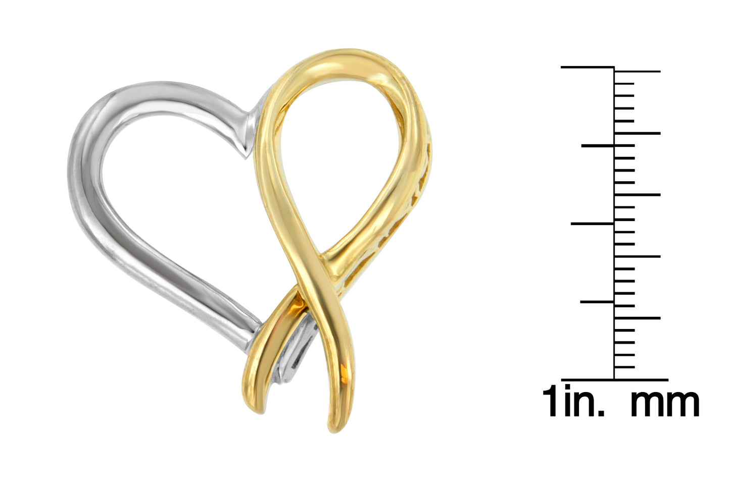 Close-up front angle of a two-toned necklace pendant shaped in an intertwined heart and ribbon design, placed next to a ruler for size reference.