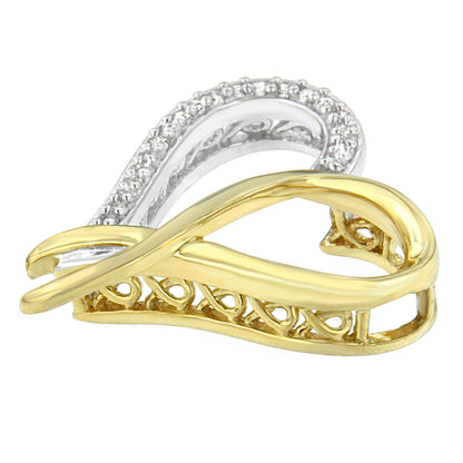 Two-toned necklace pendant with an abstract loop design, featuring a curved band of white metal with round white gemstones in prong settings, intertwined with a polished yellow metal band, shown at an angled close-up view.