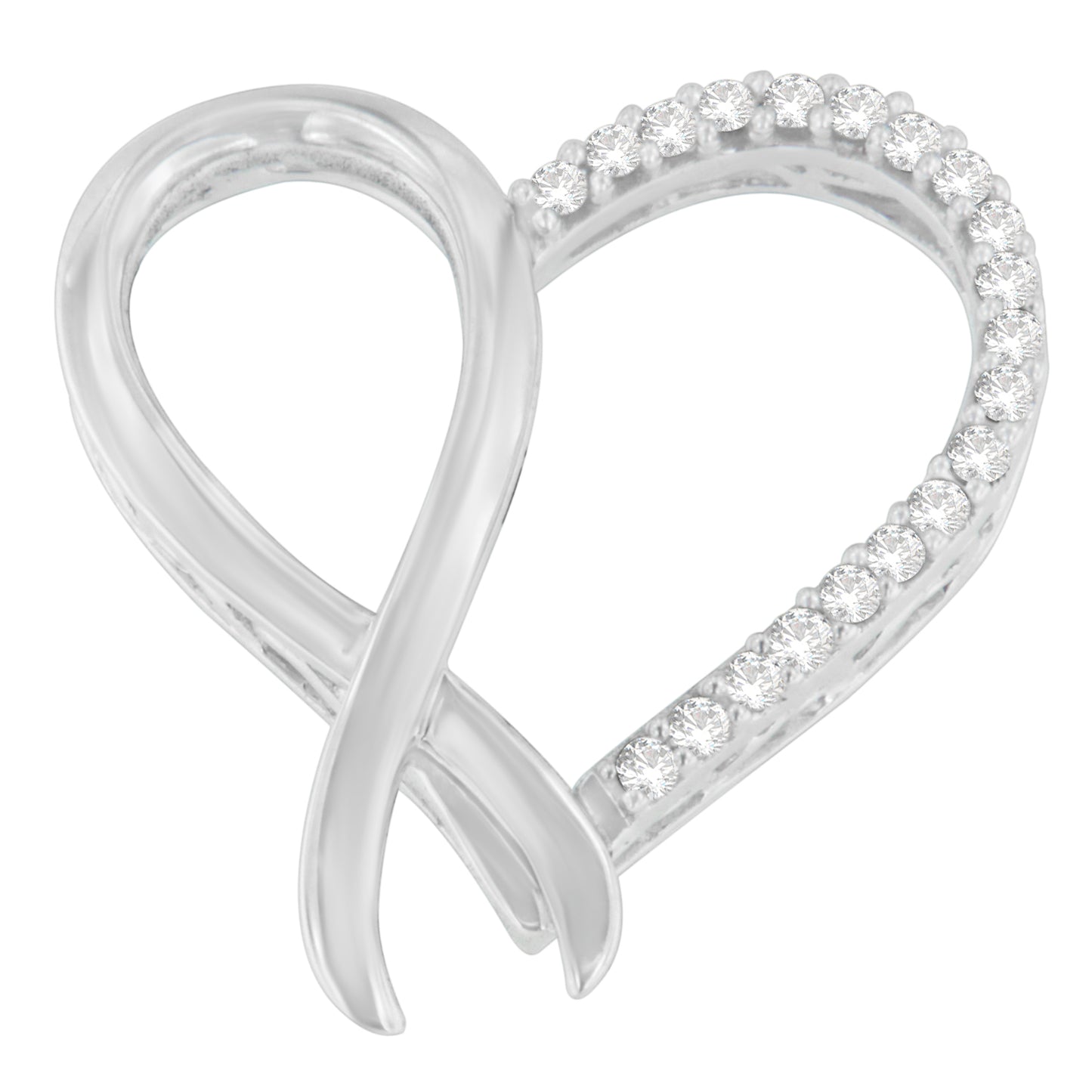 Close-up of a white metal heart-shaped necklace pendant with one side studded with round white gemstones in prong settings, shown from a front angle.