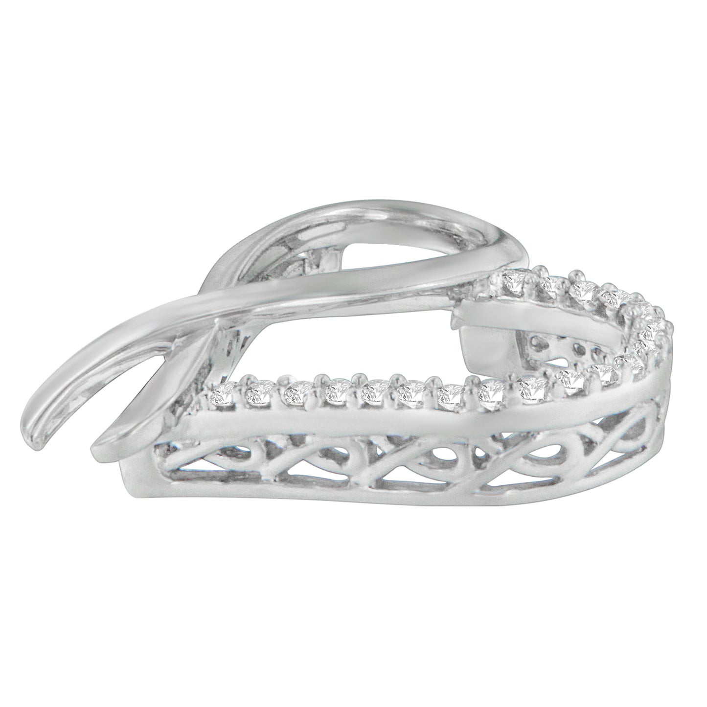 Close-up side angle of a white metal necklace pendant featuring two overlapping loops, one solid and one adorned with round white gemstones in prong settings.