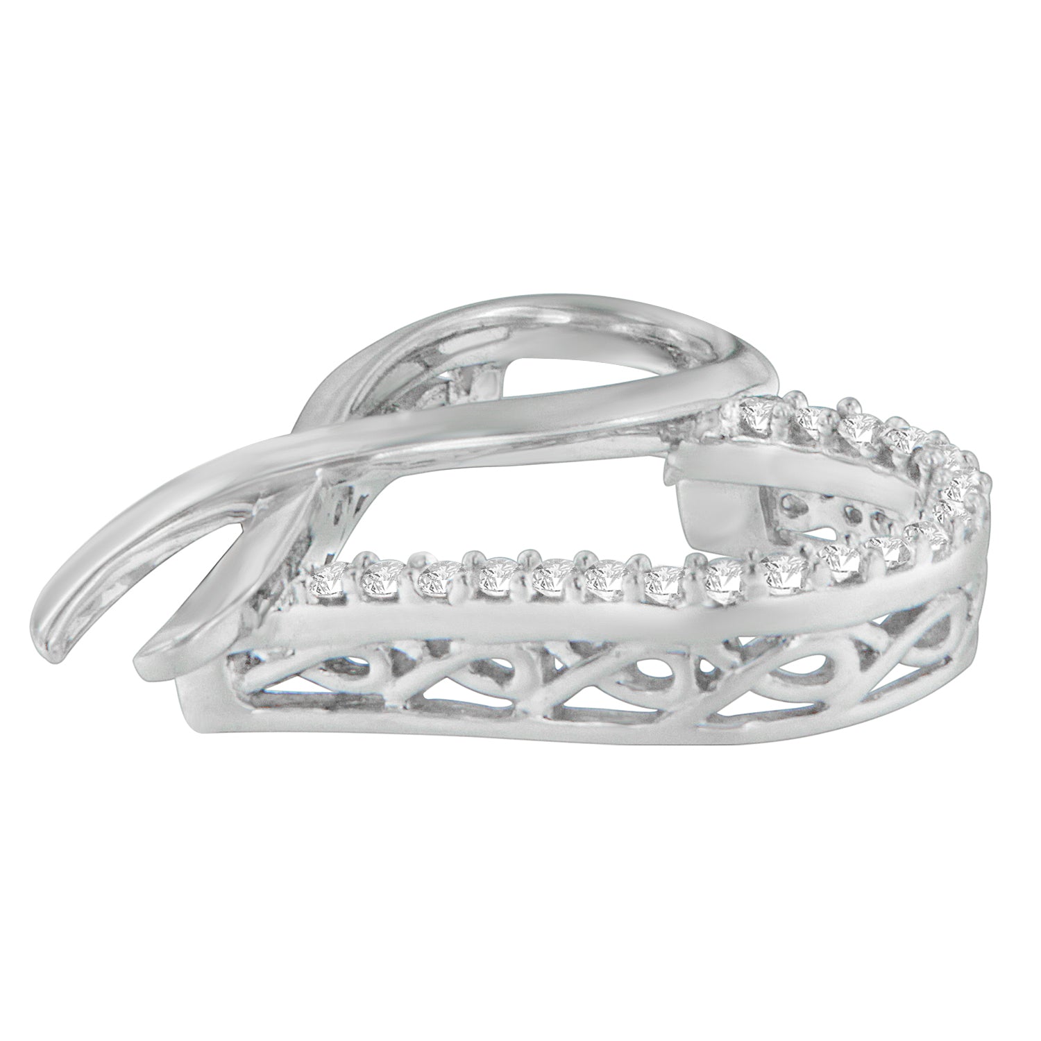 Close-up side angle of a white metal necklace pendant featuring two overlapping loops, one solid and one adorned with round white gemstones in prong settings.