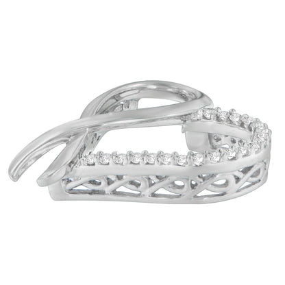 Close-up side angle of a white metal necklace pendant featuring two overlapping loops, one solid and one adorned with round white gemstones in prong settings.