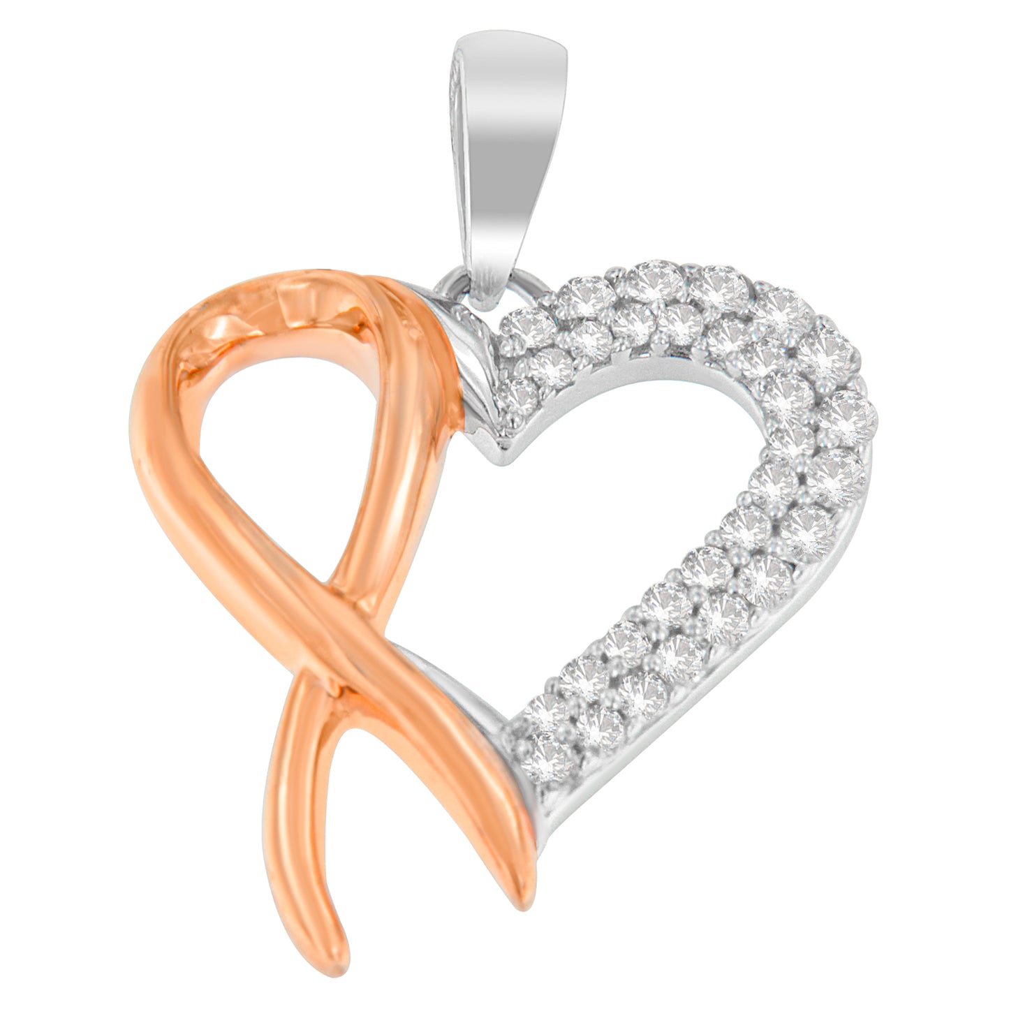 Close-up front view of a heart-shaped necklace pendant featuring a yellow metal infinity symbol intertwined with the white metal heart, which is partially covered with round white gemstones in prong settings.