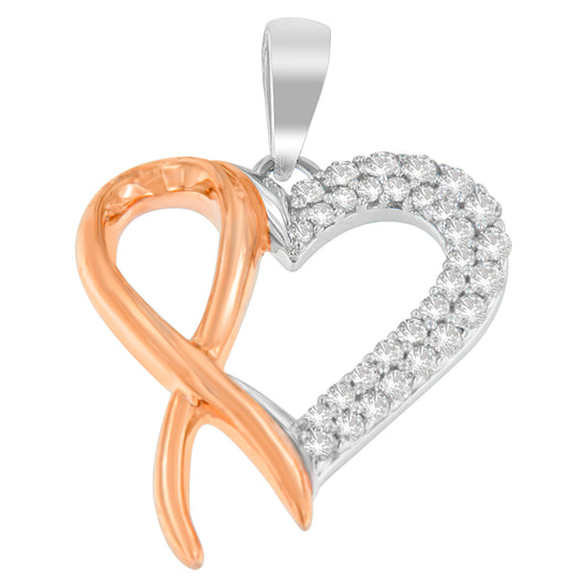 Close-up front view of a heart-shaped necklace pendant featuring a yellow metal infinity symbol intertwined with the white metal heart, which is partially covered with round white gemstones in prong settings.